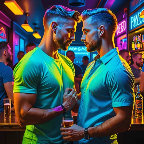 two slim toned adult men sharing an intimate moment in a busy gay bar, blue eyes, short hair, silhouette, vibrant rainbow neon color, illustration, highly detailed, high quality, gaymer shirts