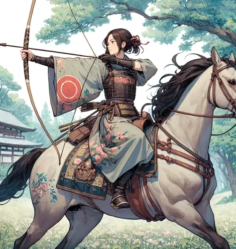 1lady solo, straddling horse, (pulling bowstring to its limits) (holding simple black bow), (gray kimono) (gray hakama), chest protector, (mature female:0.8), /(brown hair/) bangs, (light smile:0.4), dignified, facing away, (masterpiece best quality:1.2) d...