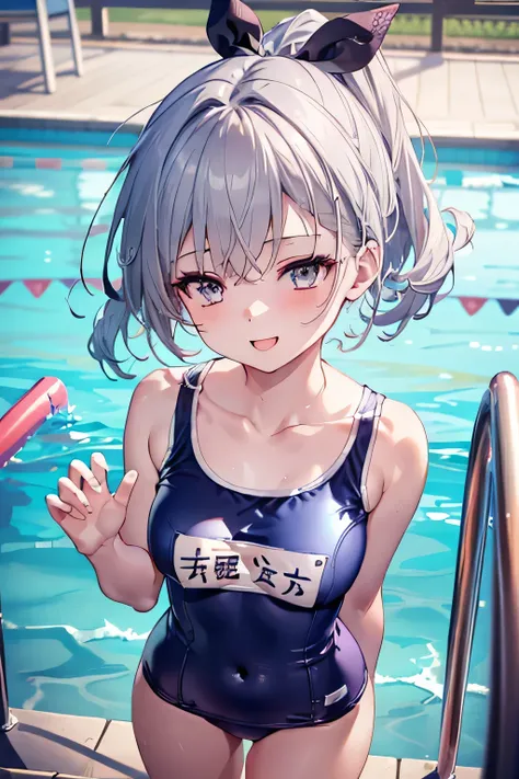 1girl , (silver wolf,ginrou), bangs, (Silver Hair,Grey Eyes),happy smile, smile, Open your mouth,((School Swimsuit、School swimsuit)),Real Summer,Daytime,sunny,My hair is blowing in the wind,whole bodyがイラストに入るように,Slender body,
Destroy outdoors, School,Pool,...