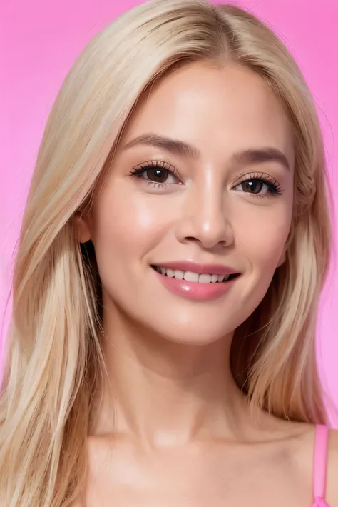 face perfect, beautiful face of a blonde woman 40 years old, with pink background,with beautiful smile, ela pisca 😉 pra câmera 