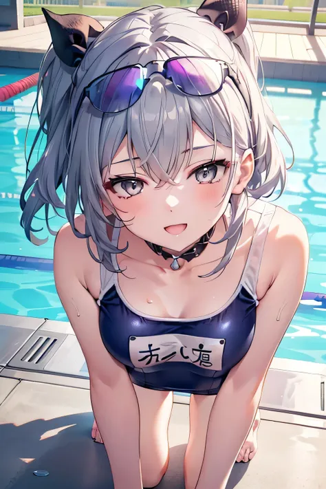 1girl , (silver wolf,ginrou), bangs, (silver hair,grey eyes,sunglasses on head),happy smile, smile, open your mouth,((nsfw,full,...