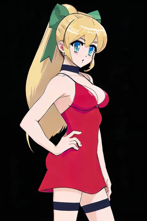 ((1girl)), Generate an illustration of a mature Roll, gym leader of megaman , (red dress), hd, holding  all,  de terno preto, long blonde hair, long ponytail, hair bangs, fringes, shiny hair, (small breasts:1.2), black top, buttons, outfit in anime format ...