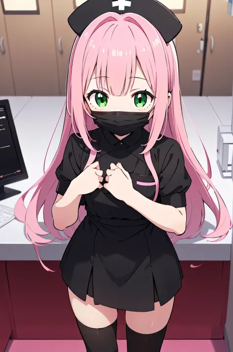 black nurse, 1girl, solo, black nurse cap, black nurse uniform, ((black legwear, zettai ryouiki)), black elbow gloves, pink hair, green eyes, drooping eyes, ((black surgical mask, covered nose)), standing, ((surgery room)), sharp outline, short sleeves, be...