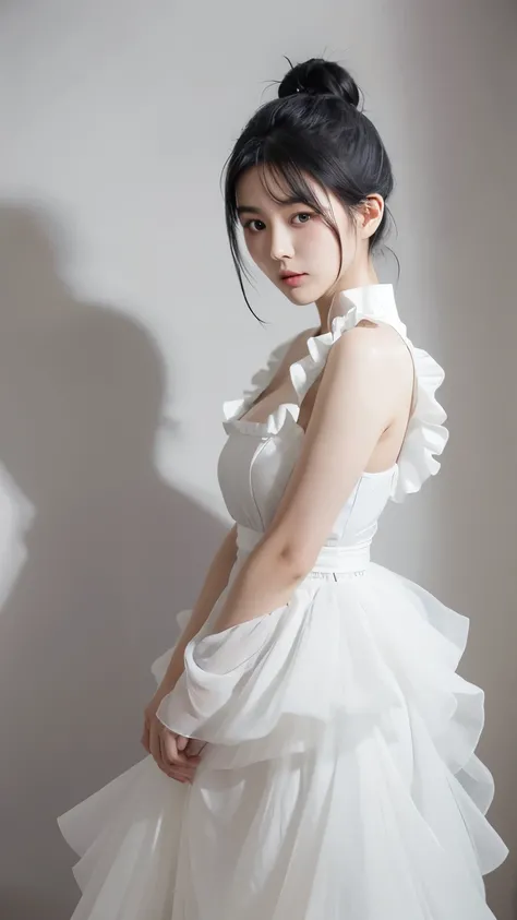 A young Asian girl。Black and white hair tied into a bun，Wearing a flowing white ruffled silk dress。She stood alone and posed