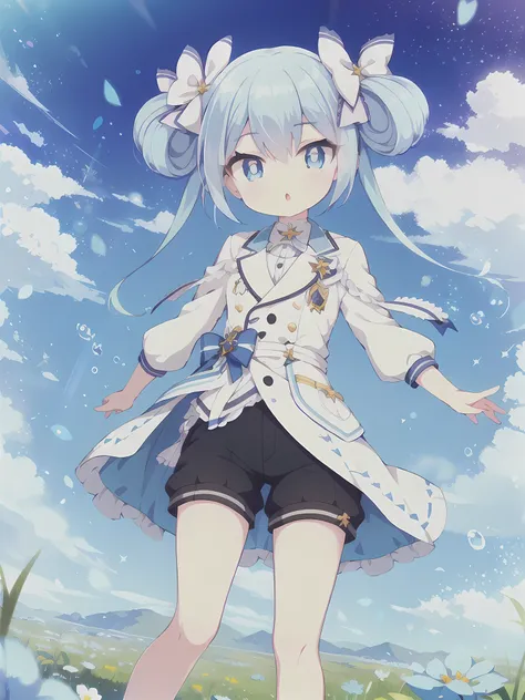 Masterpiece,high quality,high resolution,Detailed Background,Detailed eyes,Blue Hair, Twin tails, Hair between the eyes, 紫のhair bow, eyebrows visible through hair,Floating Island,grassland,Are standing,