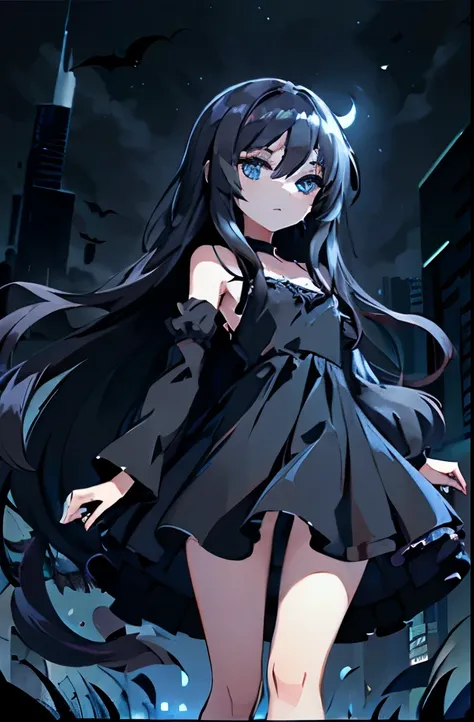 full body, little, lady with black long hair, blue eyes, black dress, scary, at night