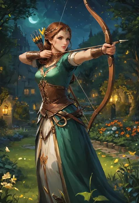 best quality, high target_solve, clearly_image, detailed background ,1 archer woman, garden, night,hook of holland, wide-angle l...