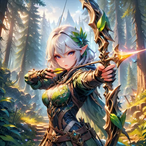 (ashe: archer,characters appearing in league of legends,female elf hunter),nordic forest background,black hooded cloak,eyes aimi...