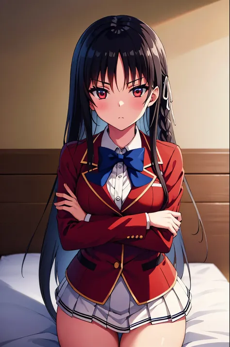 (masterpiece:1.3), (best quality:1.1), (8k, ultra detailed, ultra high res:1.2), ((anime style)), perfect 5 fingers, perfect anatomy, 1girl, 
BREAK long hair, braid, black hair, red eyes, (focus detailed eyes:1.2), blue bow, BREAK [medium breasts], red jac...