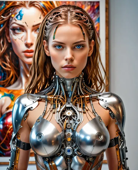 A cyborg girl stands in the center of a large bright studio and is engaged in creating her self-portrait on canvas. She is depicted in all her majestic beauty and elegance. Her metallic skin reflects the light, creating a play of hues and highlights like a...