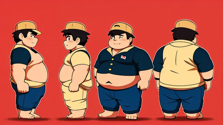 fat stocky man anime character, straight male style of 30 years, character sheet