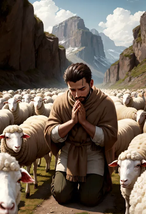 creates an image of a man, on his knees praying in the open air, in the middle of some sheep