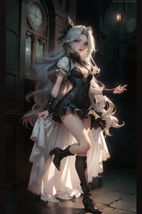 ((best quality)), ((masterpiece)), (detailed), very skinny, prominent collarbones, skinny arms, flat stomach, visible hip bones, red and white clothing, Bloodborne inspired, occult aesthetic, occult, detailed and intricate steampunk and detailed gothic, N...