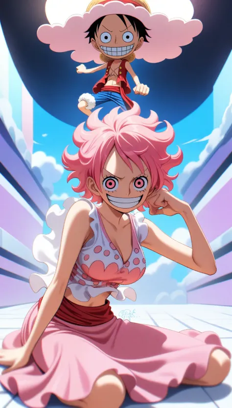 1girl, monkey d. luffy, one piece, pink hair, pink eyes, white and pink mix, pink long skirt, shes on a seiza pose, an empty and...