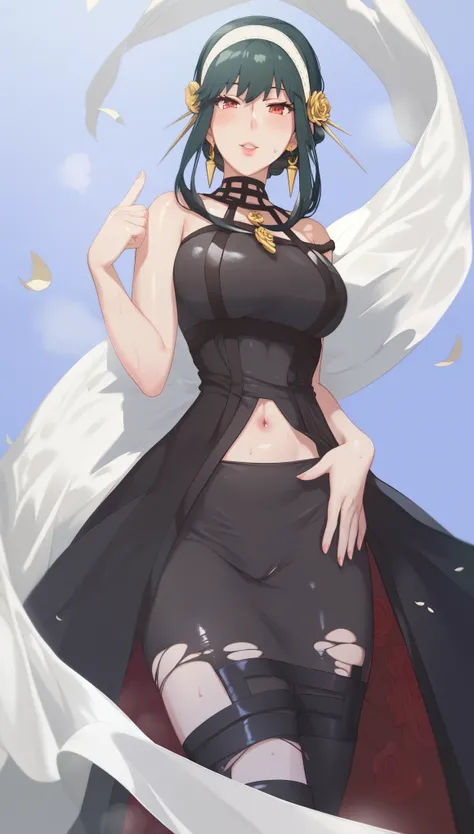 score_9, score_8_up, score_7_up, score_6_up, uncensored, Yor Briar, black hair, earrings, white hairband, hairband, long hair, sidelocks, red eyes, naughty face, shiny skin, sweating, steaming body, heavy breathing, BREAK (masterpiece:1.2), best quality, h...