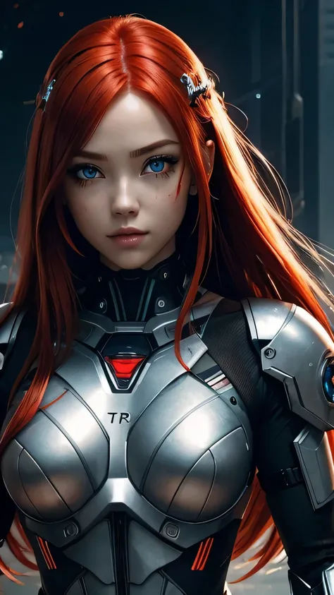 cyborg girl, beautiful eyes, battle field background, red hair, masterpiece, ultra high details