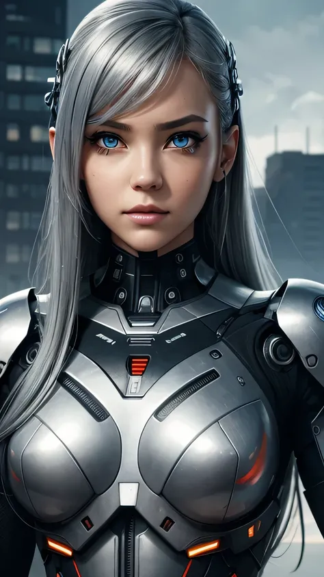 cyborg girl, beautiful eyes, battle field background, grey hair, masterpiece, ultra high details