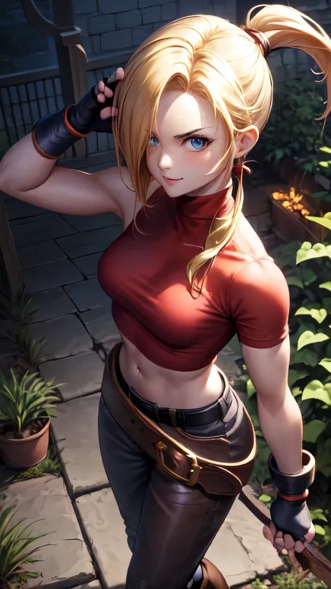 (best quality:1.2),solo,1girl,mdrin,smile,looking at viewer,lovely pose, ponytail,v-shaped eyebrows,red shirt, fingerless gloves,black shorts , garden background, warm color tones,soft lighting, Hair over one eye, ultra long hair, standing on hooftop, long...