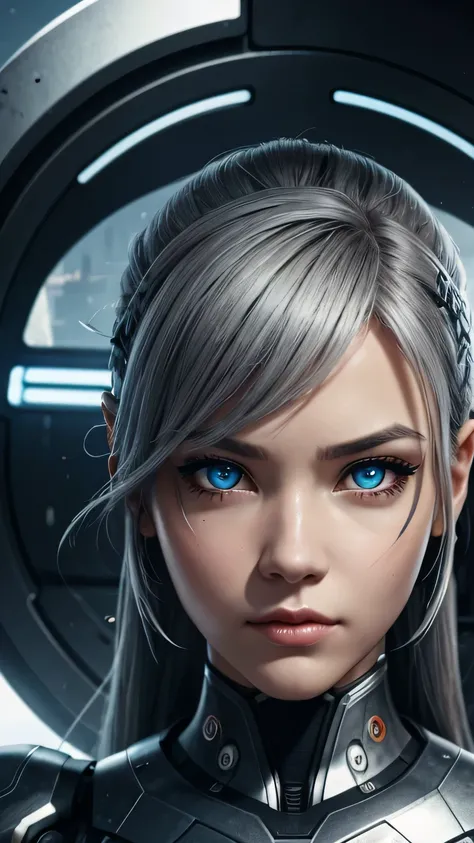 cyborg girl, beautiful eyes, battle field background, grey hair, masterpiece, ultra high details