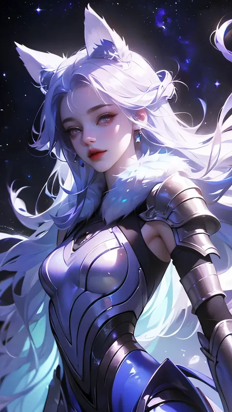 ((girl, fur)), Brilliant eyes, blue pupils，smile，Armor Damage, fur少女,long hair, ceramic body, hip gap, ((The background is a city with a technology feel.)),The starry sky is magnificent， (translucent, Reflective skin), (Surrealism: 1.4)