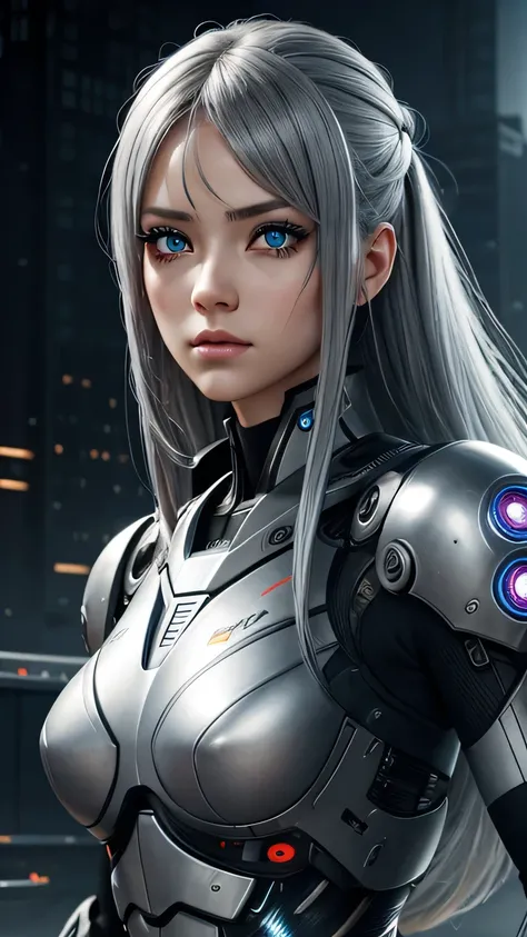 cyborg girl, beautiful eyes, battle field background, grey hair, masterpiece, ultra high details