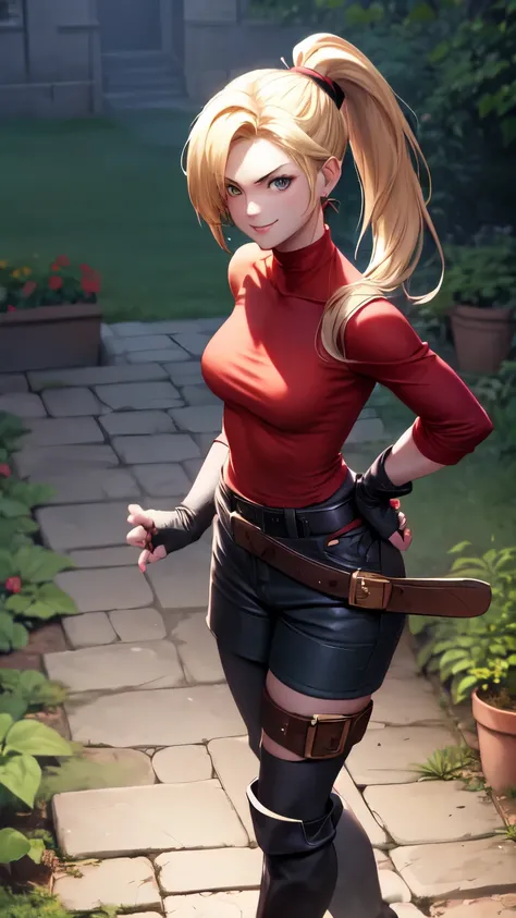 (best quality:1.2),solo,1girl,mdrin,smile,looking at viewer,lovely pose, ponytail,v-shaped eyebrows,red shirt, fingerless gloves,black shorts , garden background, warm color tones,soft lighting, Hair over one eye, ultra long hair, standing on hooftop, long...