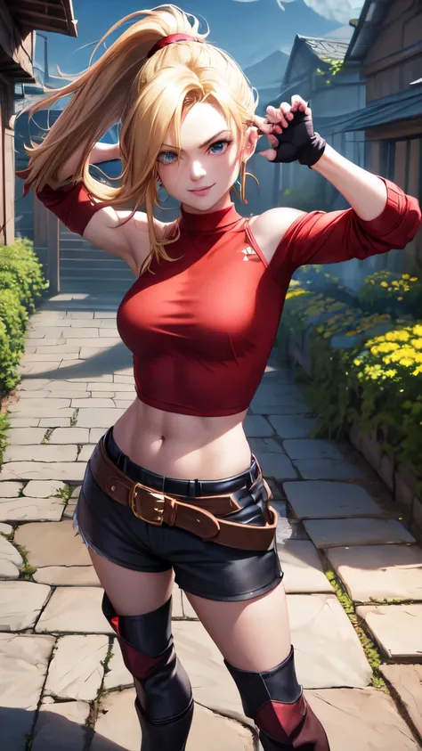 (best quality:1.2),solo,1girl,mdrin,smile,looking at viewer,lovely pose, ponytail,v-shaped eyebrows,red shirt, fingerless gloves,black shorts , garden background, warm color tones,soft lighting, Hair over one eye, ultra long hair, standing on hooftop, long...