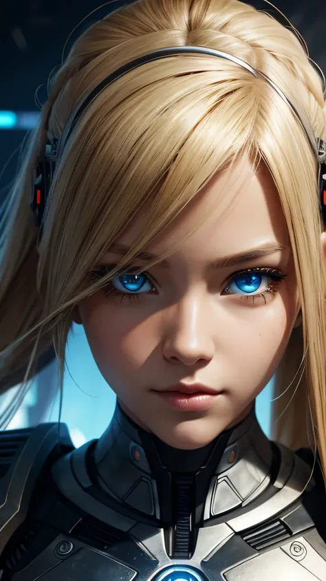 cyborg girl, beautiful eyes, battle field background, blonde hair, masterpiece, ultra high details