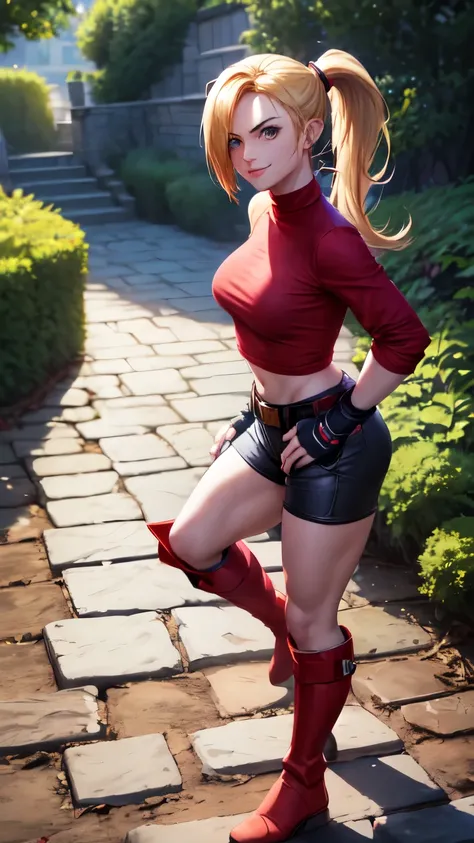 (best quality:1.2),solo,1girl,mdrin,smile,looking at viewer,lovely pose, ponytail,v-shaped eyebrows,red shirt, fingerless gloves,black shorts , garden background, warm color tones,soft lighting, Hair over one eye, ultra long hair, standing on hooftop, long...