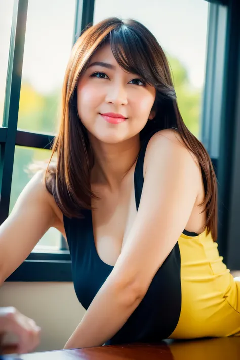 sitting on desk, (black t-shirt), sleeveless t-shirt, cleavage, white short skirt, looking at camera, front view, long hair, bangs, (detailed face), at classroom, tempting pose, potrait body, mouth closed, smiling, black eyes, 1 girl, 20yo,Young female,Bea...