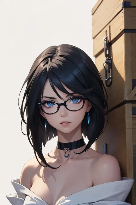 8 k wallpaper, work of art, film lighting, best qualityer, illustration, dramatic angle, ((Farbe: 1.1)), ((Farbe inner hair: 1.4)), 1 girl, standing alone, long hair, water, blue colored eyes, black glasses, choker, parted lips, white choker, liquid hair, ...