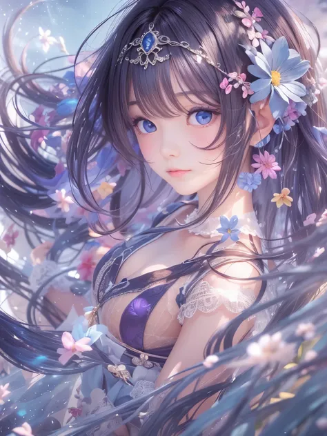 water、８age、high resolution、quality、Real masterpieces, Highest quality, Highly detailed shape,1 Girl,alone, Image body, flower, Looking at the audience、 Purple eyes, Jewel-like eyes, Very beautiful eyes, Highly detailed face、universe (null), constellation, ...