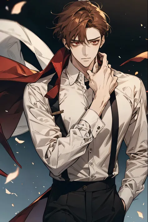 Brown Hair、Red Eyes、Tall anime guy, Handsome anime pose, Full body portrait、Sloppy、 Dress shirt