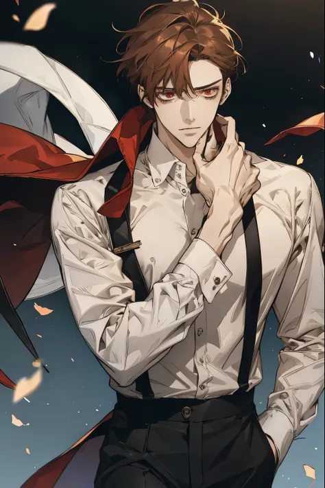 brown hair、red eyes、tall anime guy, handsome anime pose, full body portrait、sloppy、 dress shirt