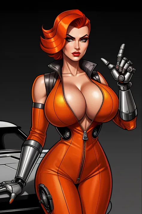 A gorgeous mechanic, femme fatale, in an atompunk style, set against a blank background with retro-futuristic elements, wearing an unzipped orange jumpsuit revealing cleavage, with a mechanical hand, cybernetic augments, half-shaved ginger hair, gunmetal g...