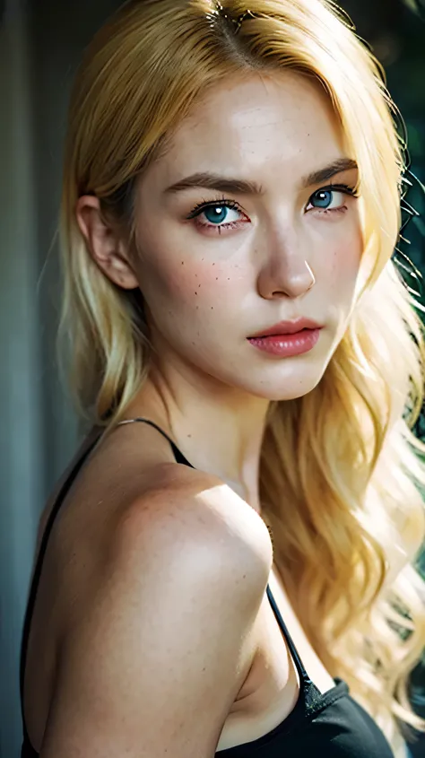 A beautiful American woman with blonde hair and freckles on her face. She has fair skin, a high nose, and high cheekbones. She is wearing a black camisole and looking at the viewer from a slightly elevated angle. Her long hair is parted in the center, and ...