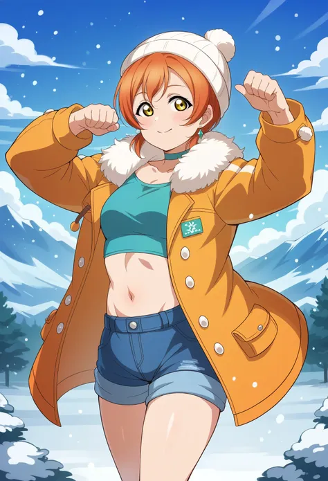 (Masterpiece, Best Quality, High Quality), Rin Hoshizora Love Live, orange hair, yellow eyes, cowboy shot,bangs, white beanie hat , crop top, jewelry, closed mouth, jacket, earrings, outdoors, sky, shorts, fur trim, cute choker, snow, snowing, mountain, fu...