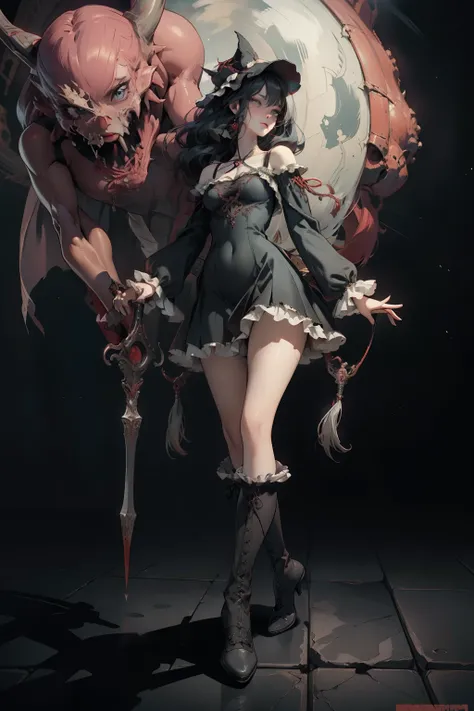  ((best quality)), ((masterpiece)), (detailed), very skinny, prominent collarbones, skinny arms, flat stomach, visible hip bones, red and white clothing, Bloodborne inspired, occult aesthetic, occult, detailed and intricate steampunk and detailed gothic, N...