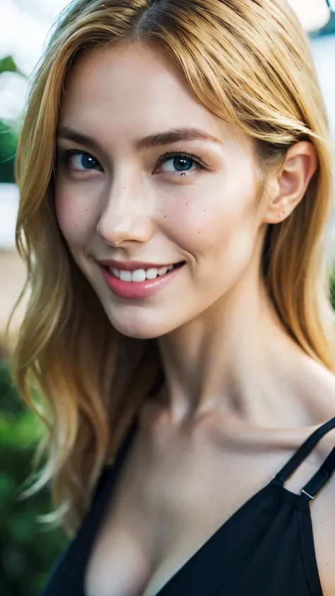 A beautiful American woman.
Her whole body is visible.
She is smiling, showing her teeth.
Blonde hair.
Freckles on her face.
White skin. High nose, high cheekbones.
Wearing a black camisole.
Looking at us from a slightly elevated angle.
Long hair with a ce...