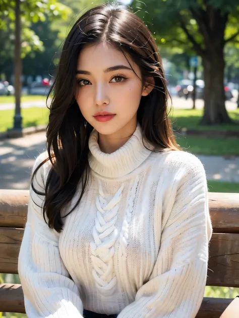 best quality, photorealistic, 8k, high res, full color, 1girl, woman, 20 years old woman, (closed mouth:1.76), (skindentation), (portrait:0.6), trees, park bench, daylight, ((park background:1.52)), full color, ((necksweater:1.68)), straight-looking at vie...