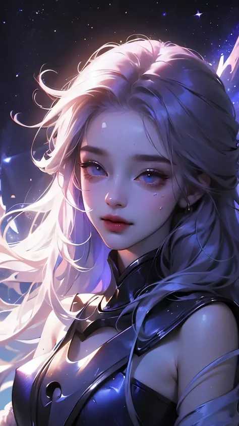 ((girl, fur)), Brilliant eyes, blue pupils，smile, fur少女,long hair, ceramic body, hip gap, ((The background is a city with a technology feel.)),The starry sky is magnificent， (translucent, Reflective skin), (Surrealism: 1.4), ((Detailed facial features, Det...