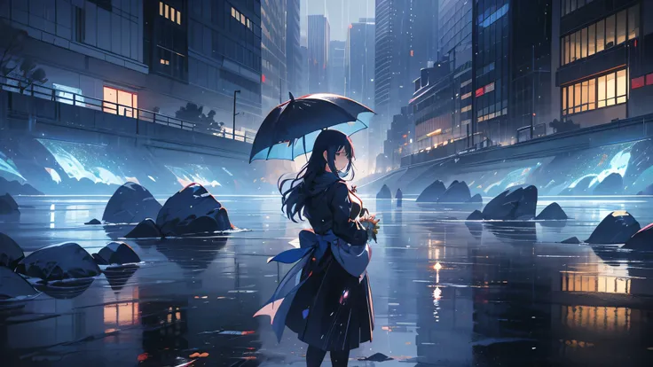 A woman standing in the rain kawaii anime portrait