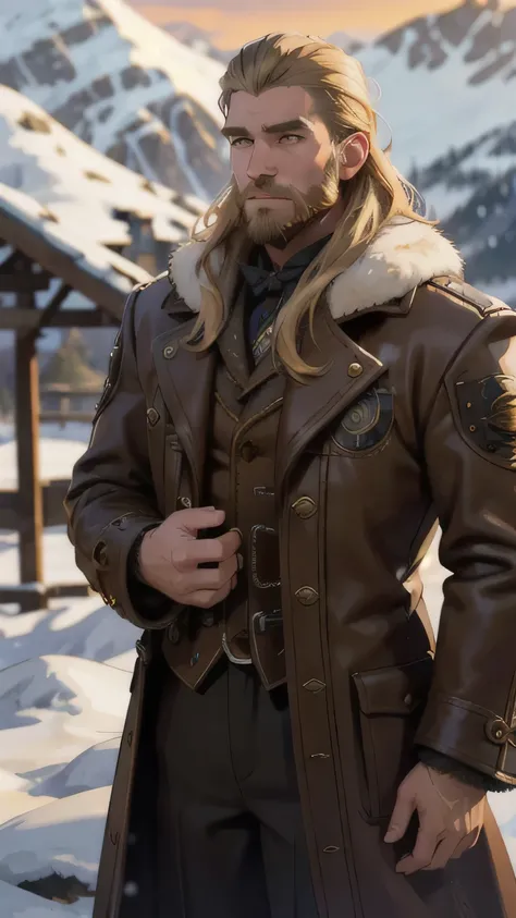 Steampunk Maine, long light hair, blonde with a beard, brown fur coat, detailed face, early morning, snowy mountains, depth of field, blurred background
