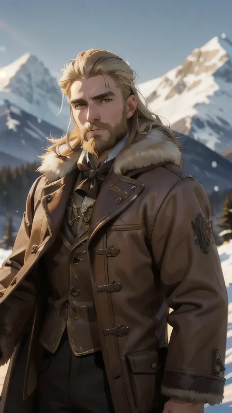 steampunk maine, long light hair, blonde with a beard, brown fur coat, detailed face, early morning, snowy mountains, depth of f...