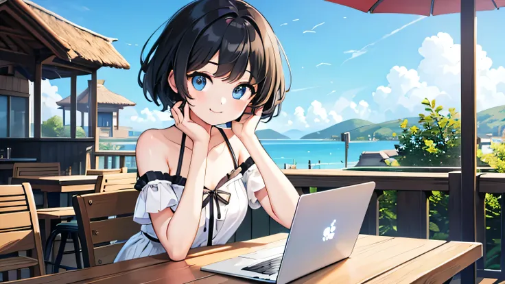 1girl, solo, blue eyes, (detailed eyes), flat chest, short hair, black hair, upper body, gentle smile on her face, , sitting up straight((masterpiece, illustration, best quality)) Fashionable open café、Woman using laptop on terrace seat、stitting, 20yr old、...