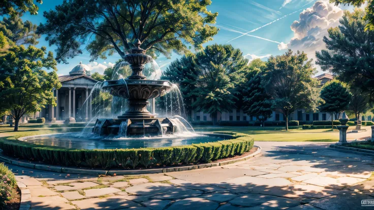  summer heat, anime aestetics, noon, park full of trees, big fountain in the center, greek style fountain, little rainbows, water drops in the air, calm summer days, green and blue colors, perfect shadows, beauty of nature, stone roads, wide shot, atmosphe...