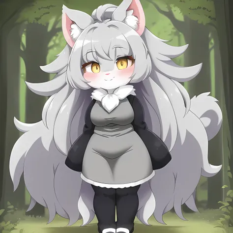 1 cinccino young lady standing in a forest, thick body fur, smiling, yellow eyes, ((oversized grey dress)), sexy, kawaii, ((long...