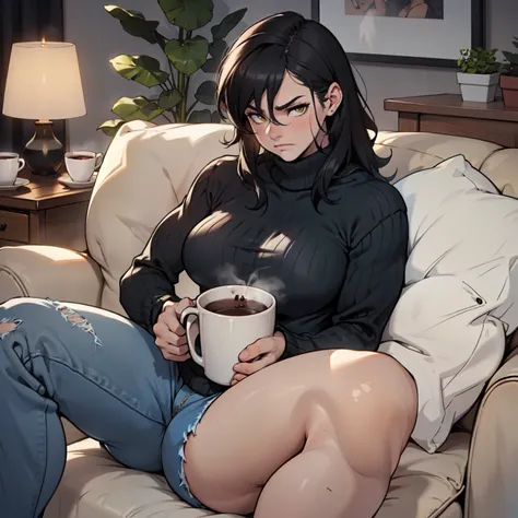 girl muscular girl breasts breasts breasts pale skin black hair yellow eyes thick thick thick baggy sweater sad cozy on the couch sad frown mug of hot cocoa