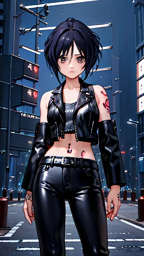 (highest quality)，masterpiece，Super detailed，8K, UHD，Beautiful woman，japanese woman，No expression，whole body，((tattoo))，slim，black leather pants，black leather vest，(female mafia)，gangster，(cyberpunk city)，night，cinematic lightening，underworld