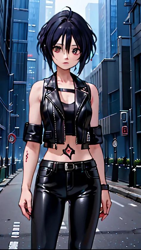 (highest quality),masterpiece,Super detailed,8K, UHD,Beautiful woman,japanese woman,No expression,whole body,((tattoo)),slim,black leather pants,black leather vest,(female mafia),gangster,(cyberpunk city),night,cinematic lightening,underworld